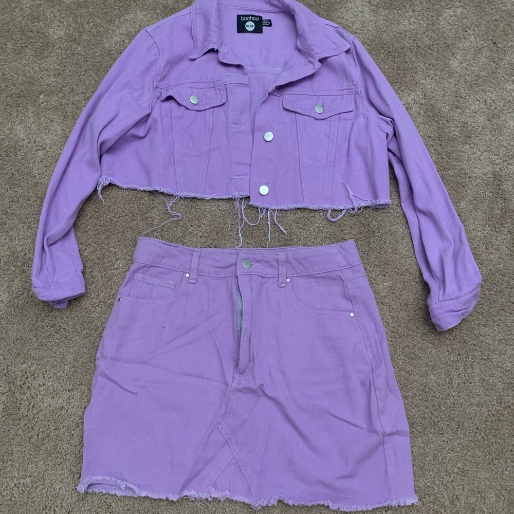 Lilac denim cropped jacket and skirt